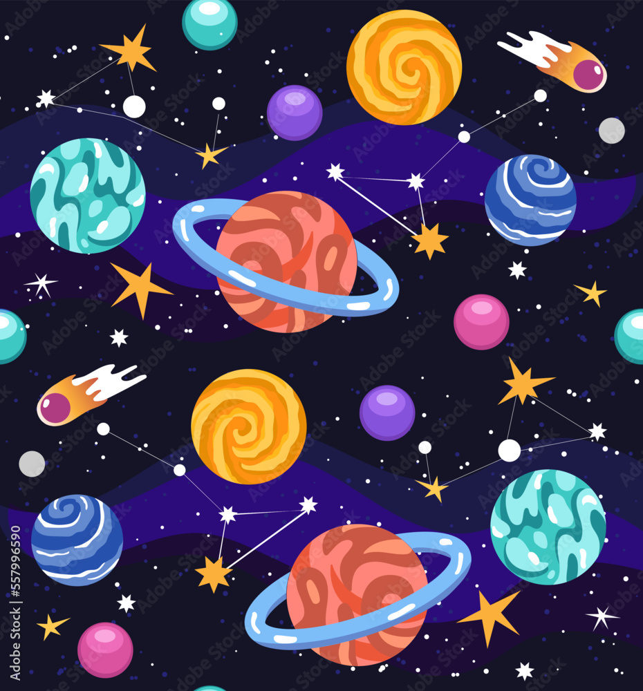 Planets and universe. Seamless vector pattern with space objects illustrations