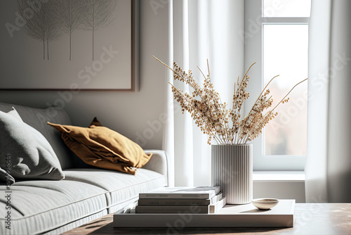 A minimalist and artistic arrangement of books, a wooden coffee table, and dried flowers in a chic vase can be seen in the living room's white decor. Copy space. Generative AI