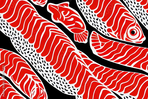 Seamless pattern of salmon. Salmon fillet on a red backdrop with white lines  image. Sushi meat texture. Generative AI
