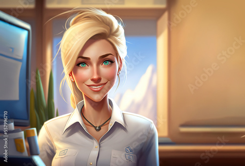 beautiful generic cartoon style woman as hotel or front desk receptionist or professional representative agent at her work office