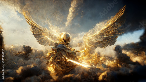 Golden Angel Fighting Demons In The Sky