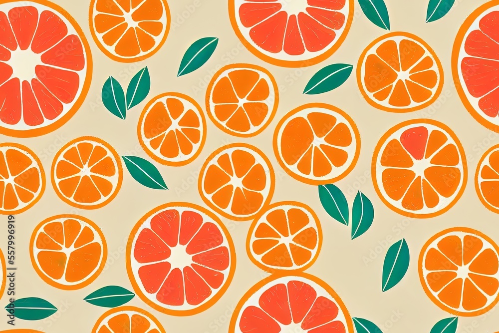 A brilliant, continuous light pattern with Fabric, label, t-shirt, wall mural, and children's room wallpaper with real oranges. A happy doodle orange backdrop with slices. Generative AI A brilliant, continuous light pattern with Fabric, label, t-shirt, wall mural, and children's room wallpaper with real oranges. A happy doodle orange backdrop with slices. Generative AI