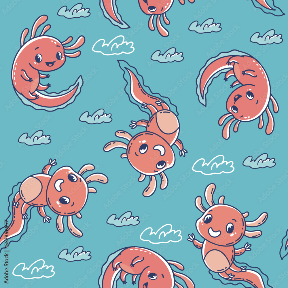 Happy axolotls, seamless vector pattern with vector hand drawn illustrations
Happy axolotls, seamless vector pattern with vector hand drawn illustrations
