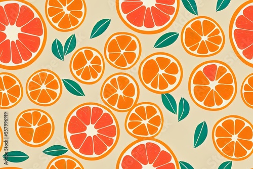 A brilliant, continuous light pattern with Fabric, label, t-shirt, wall mural, and children's room wallpaper with real oranges. A happy doodle orange backdrop with slices. Generative AI