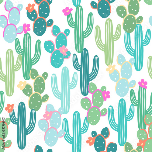 Cute cartoon cactuses, seamless pattern with vector hand drawn illustrations 
