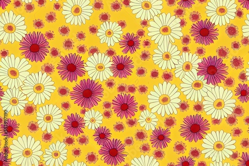 Chamomile flowers in a boho-chic seamless design over a peach backdrop. Abstract  flower-power  botanical  1970s design. A new look in gift wrap  coverings  and fabrics. Generative AI