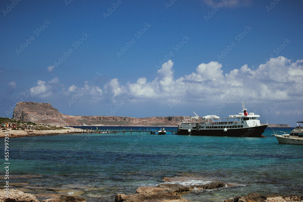 View of the ferry in the Balos Lagoon, Greece,.