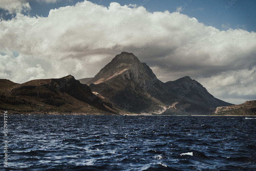 View of the Platiskinos Mountain Range near Balos Lagoon, Greece, seen from the ferry.