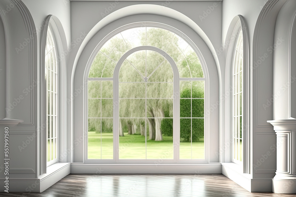 modern luxury classical style room, white, empty, and with a view of the outdoors There are wooden floors and arch shape window, facing green lawn and garden. Generative AI