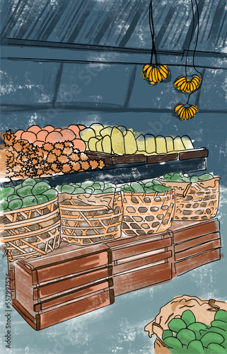 illustration of Asian fruit market in Bali island with hanging bananas, mango baskets, wooden boxes