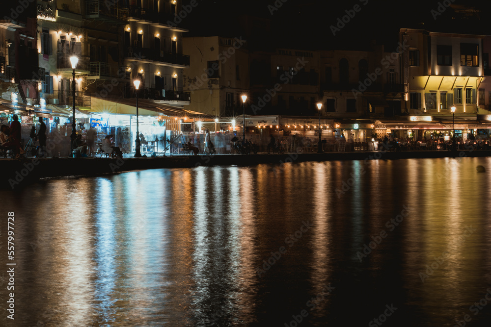 Chania, Greece, view of the old city harbour at night.