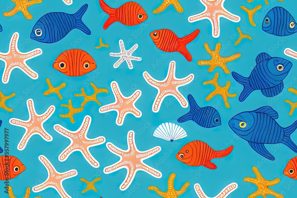 Sea creature seamless pattern. Background marine life that goes on forever. Generative AI Sea creature seamless pattern. Background marine life that goes on forever. Generative AI