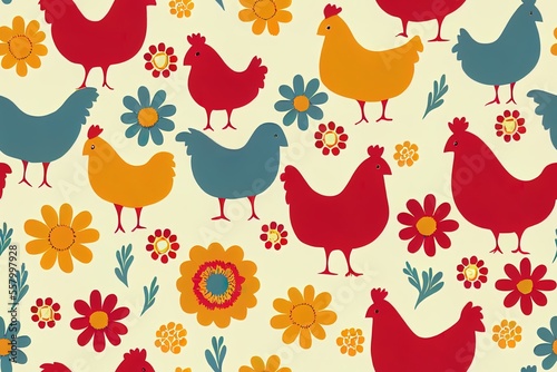 Cute hens and flowers in a seamless design. The use of s in a visual medium. Generative AI