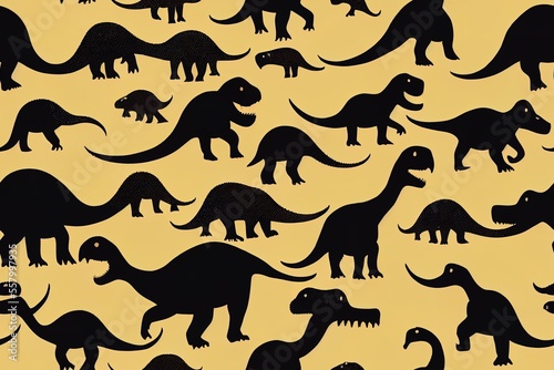 Dinosaur seamless pattern featuring a variety of different sized prehistoric reptiles. Generative AI