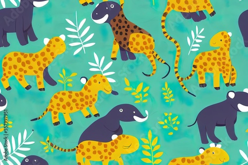 Animals of the jungle shown in a seamless design. Artwork created by hand and then converted to a format. In the interest of children Generative AI