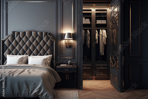 opulent, contemporary bedroom suite with a wardrobe. Generative AI