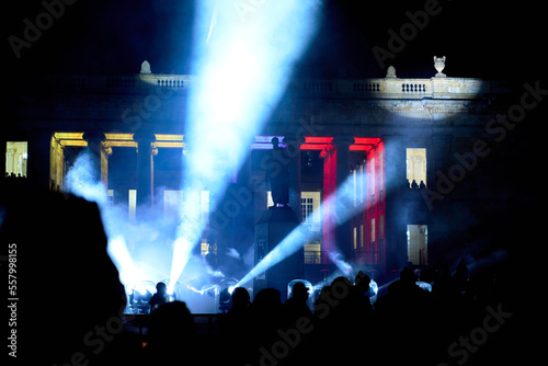 plaza de bolivar in Bogota at night during a show of lights and colors. light show in the capital of Colombia. simon bolivar statue and congress building of the republic of Colombia being illuminated 