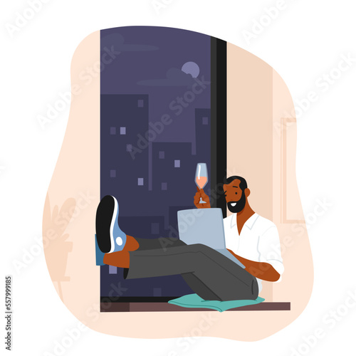 Online Date Concept, Male Character Sitting on Windowsill with Wineglass in Hand Chatting via Laptop in Internet