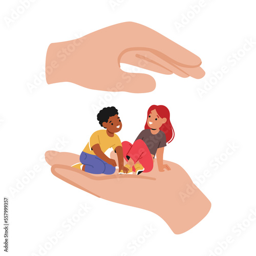 Helping Hands Care Of Little Children Sitting On Palm. Concept Of Social Help, Charitable Support And Protection Of Kids