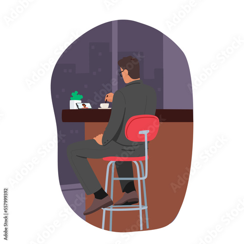 Online Date, Male Character Sitting in Bar Chatting via Smartphone Application and Sending Messages to Woman