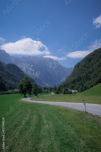 Vertical photo of a magical Logarska valley or dolina, in carinthian alps in Slovenia on a warm sunny summer day.