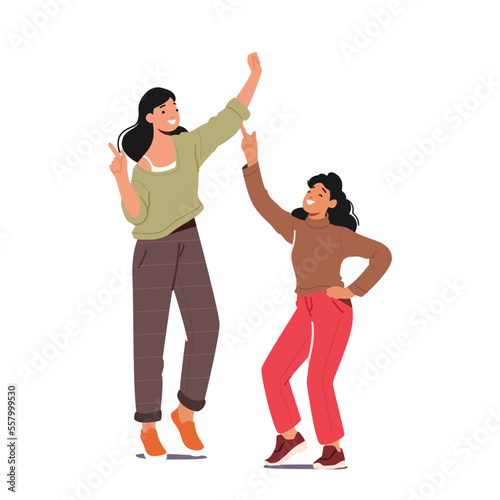 Happy Family Mother with Teen Daughter Dancing at Home Party, Woman and Girl Dance. Female Characters Fun, Leisure