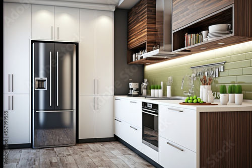 Modern kitchen in a stylish residence. Concept for a house. Generative AI