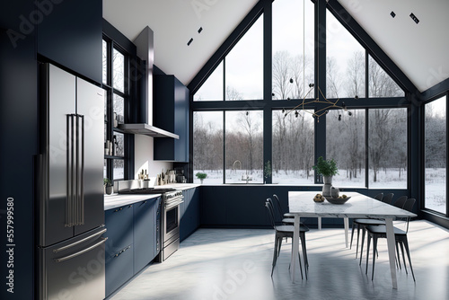 An elegant kitchen s interior features white walls  a concrete floor  large windows  and dark blue counters and cabinets. Generative AI