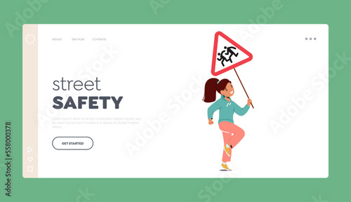 Street Safety Landing Page Template. Little Girl Holding Road Sign with Running Kids. Cute Child with Caution Banner