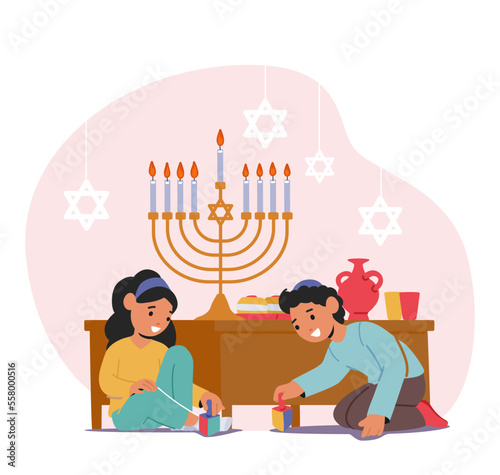 Happy Children Playing With Wooden Dreidels For Hanukkah Holiday Celebration. Little Sister And Brother Spinning Toys