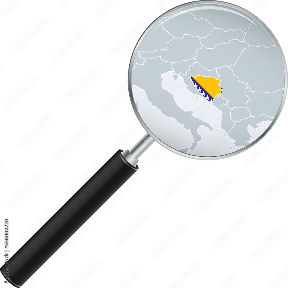 Bosnia and Herzegovina map with flag in magnifying glass.
