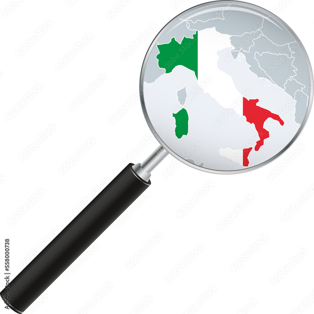 Italy map with flag in magnifying glass. Italy map with flag in magnifying glass.