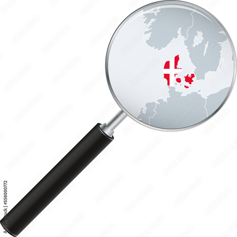 Denmark map with flag in magnifying glass. Denmark map with flag in magnifying glass.