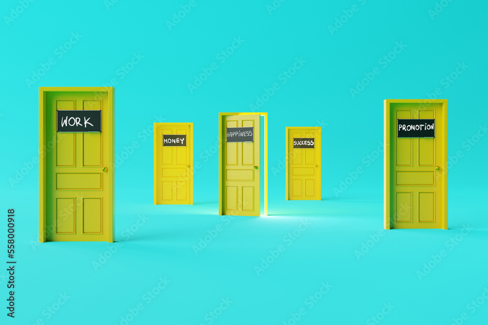Many doors with different inscriptions like work, money, promotion and