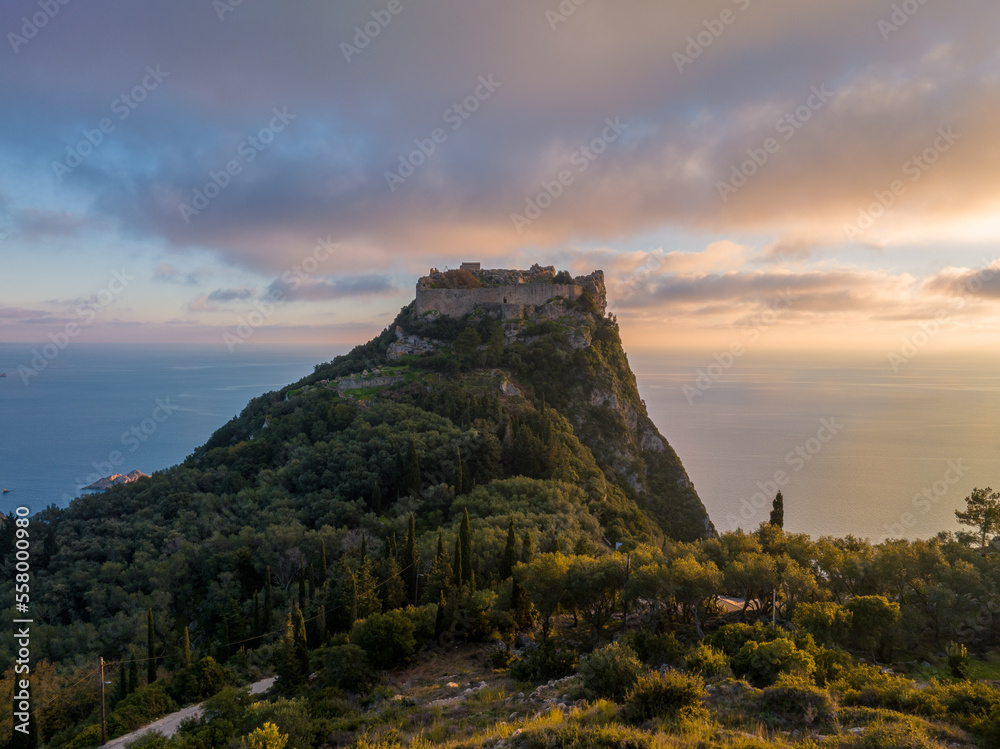 Aerial drone  view of Angelokastro or Castle of Angels, a Byzantine castle on the island of Corfu, Greece.