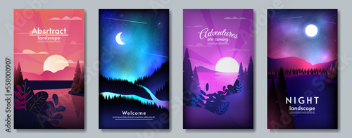 Set of abstract vector landscapes posters. Flat style. Design for flyer, wallpaper, banner, greeting, touristic or business card. Night, day, evening and morning. 