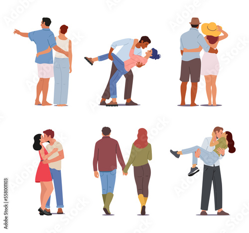 Set Of Couples In Love, Happy Enamored Male And Female Characters Hugging, Walking, Dance And Kissing, Holding Hands