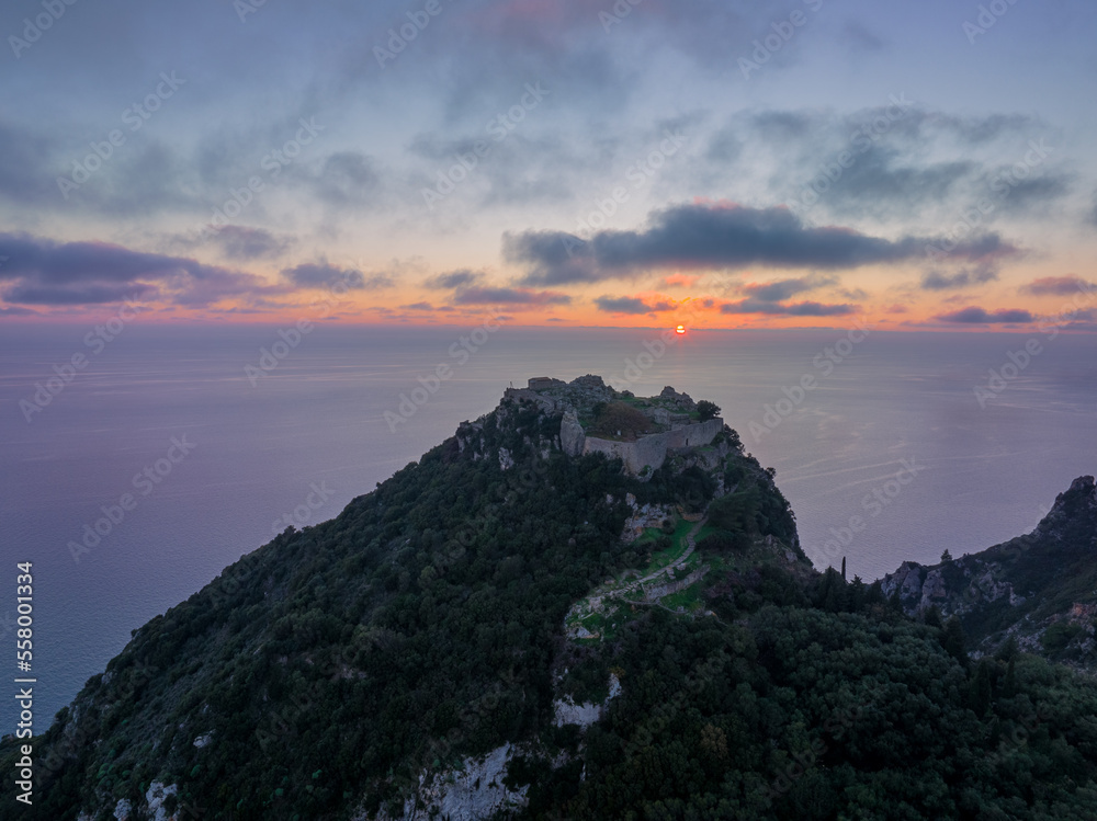 Aerial drone  view of Angelokastro or Castle of Angels, a Byzantine castle on the island of Corfu, Greece.