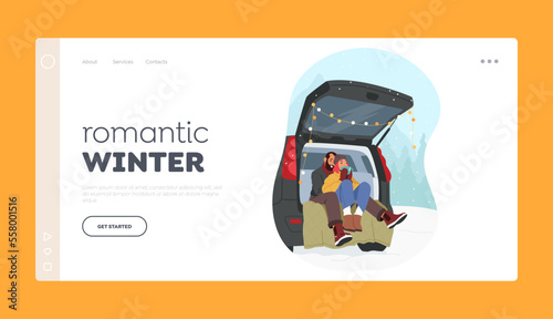 Romantic Winter Landing Page Template. Loving Couple Man and Woman Characters Drinking Hot Tea Sit in Car Trunk