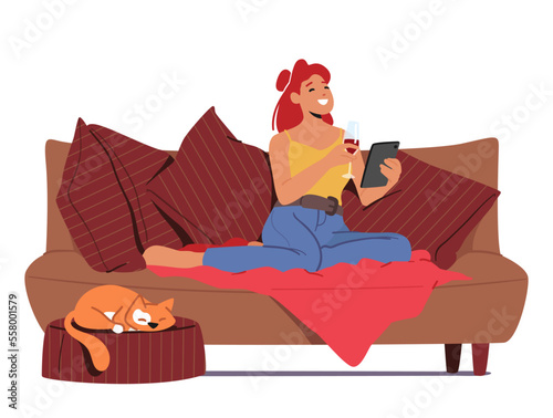 Online Date, Virtual Relations Concept. Female Character Sitting on Sofa with Mobile, Laughing, Drink Wine, Chatting