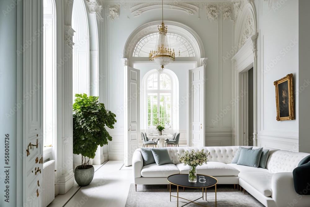 Elegant, light filled space in a historic mansion furnished in the 19th century classical style with a high ceiling and white walls. Generative AI