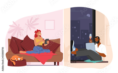 Young Male and Female Characters Virtual in Relations. Woman with Smartphone and Man with Laptop Dating Online