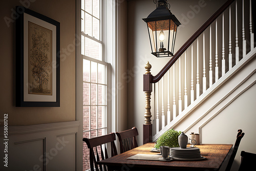 dining room with stairwell, lamp, and window. Generative AI photo