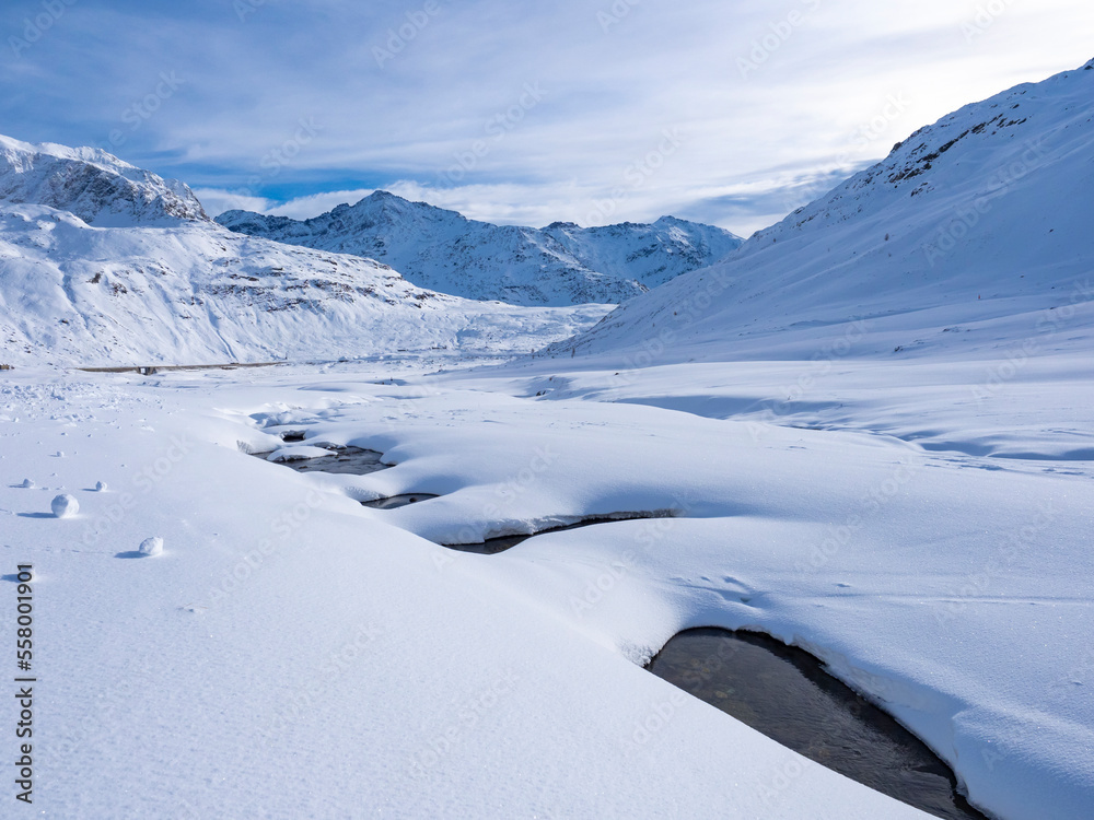Snowy landscape in the alps of Montespluga
