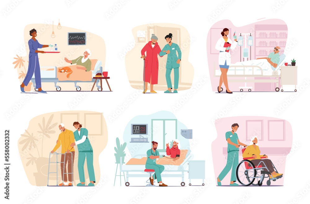 Set Medical Care of Elderly People Concept. Medics Help Old Disabled People in Nursing Home or Clinic