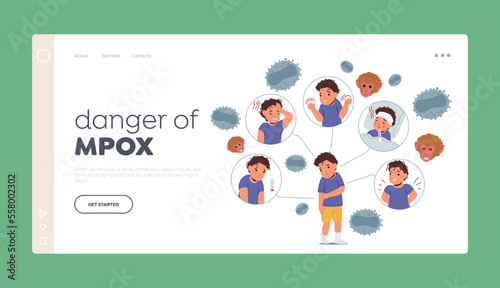 Danger of Mpox Diagnosis Landing Page Template. Little Boy Character with Monkey Pox Virus Symptoms. Sick Baby photo