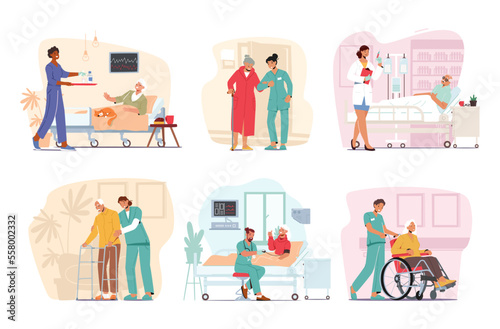 Set Medical Care of Elderly People Concept. Medics Help Old Disabled People in Nursing Home or Clinic © Hanna Syvak