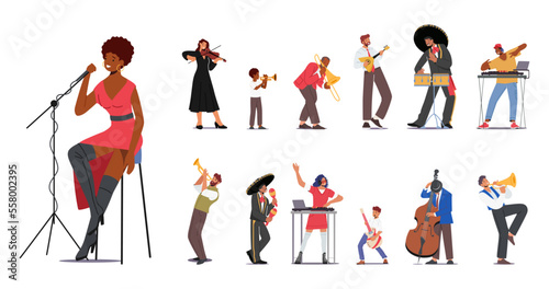 Set of Characters Play Music. Adults and Children with Musical Instruments Violin, Balalaika, Drums and Trumpet, Maracas