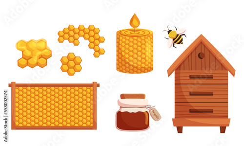 Set Honey And Apiary Production Or Equipment. Honeycombs, Bee Insect, Glass Jar, Candle, Wooden Hive