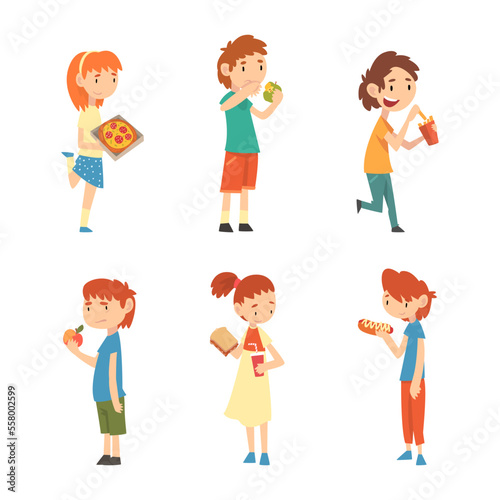 Children refusing healthy food prefer fast food dishes set. Picky kids rejecting vegetables and fruit cartoon vector illustration